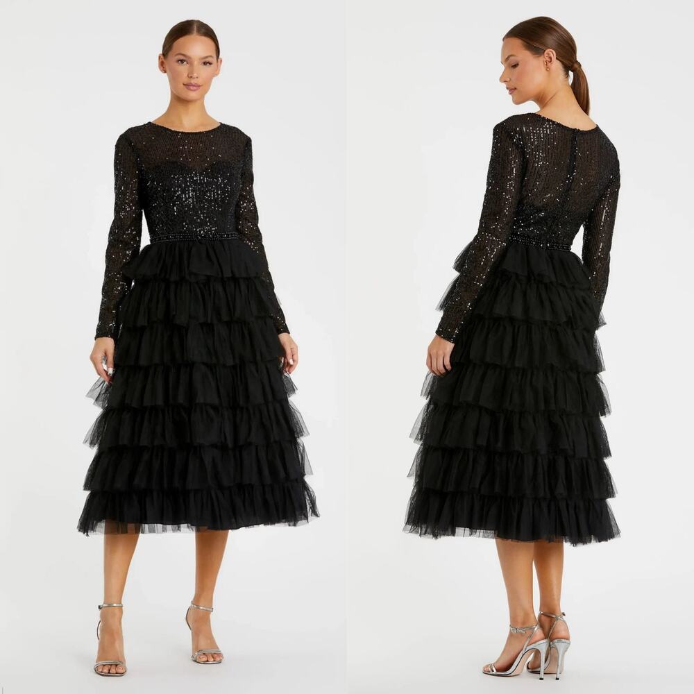 Mac Duggal Black Sequin & Tiered Tulle Midi Dress - Brand